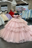 Blush Tiered Sequins Appliques Tulle Off the Shoulder Corset Quinceanera Dress