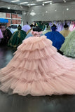 Blush Tiered Sequins Appliques Tulle Off the Shoulder Corset Quinceanera Dress