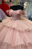 Blush Tiered Sequins Appliques Tulle Off the Shoulder Corset Quinceanera Dress