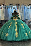 Off the Shoulder Sparkly Dark Green Tulle Appliques Corset Quinceanera Dress