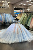 Light Blue Foral Appliques Off the Shoulder Beaded Corset Tulle Quinceanera Dress