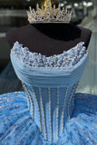 Sparkly Sequins Blue Corset Appliques Strapless Beads Tulle Quinceanera Dress