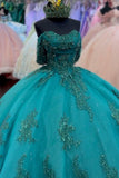 Dark Green Sparkly Appliques Tulle Corset Off the Shoulder Quinceanera Dress