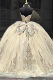 Golden Tulle 3D Floral Appliques Strapless Quinceanera Dress with Bowknot