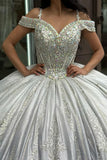 Silver Tulle Sparkly Beaded Appliques Cold Shoulder Corset Quinceanera Dress