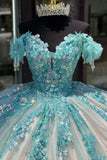 Floral Off the Shoulder Sparkly Appliques Green Tulle Corset Quinceanera Dress