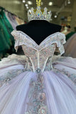 Off the Shoulder Sparkly Blue Tulle Floral Appliques Corset Quinceanera Dress