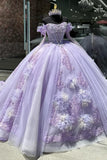 Floral Tulle Lilac Off the Shoulder Sparkly Appliques Corset Quinceanera Dress