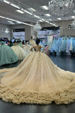 Sparkly Champange Ruffles Sequins Tulle Appliques Corset Quinceanera Dress