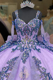Sparkly Purple Appliques Spaghetti Straps Tulle Quinceanera Dress with Bowknot
