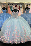Blue Tulle Floral Appliques Beads Strapless Quinceanera Dress