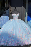Blue Tulle Floral Appliques Beads Strapless Quinceanera Dress