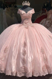 Blush Appliques Tulle Beads Off the Shoulder Quinceanera Dress