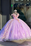 Lilac Tulle Floral Appliques Off the Shoulder Corset Quinceanera Dress