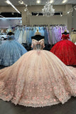 Blush Tulle Sparkly Floral Appliques Sequins Off the Shoulder Corset Quinceanera Dress