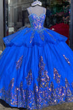Sparkly Royal Blue Tulle Spaghetti Straps Appliques Beads Quinceanera Dress
