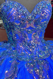 Sparkly Royal Blue Tulle Spaghetti Straps Appliques Beads Quinceanera Dress