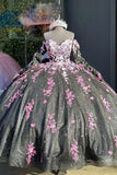 Glitter Black Tulle Appliques Beads Strapless Quinceanera Dress