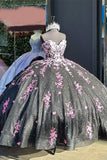 Glitter Black Tulle Appliques Beads Strapless Quinceanera Dress