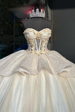 Apricot Tulle Sparkly Beads Appliques Strapless Corset Quinceanera Dress