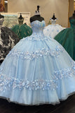 Light Blue Floral Appliques Tulle Beads Strapless Corset Quinceanera Dress with Lace-up Back