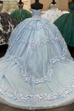 Light Blue Floral Appliques Tulle Beads Strapless Corset Quinceanera Dress with Lace-up Back