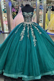 Appliques Corset Tulle Beads Dark Green Strapless Quinceanera Dress