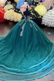 Appliques Corset Tulle Beads Dark Green Strapless Quinceanera Dress