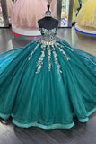 Appliques Corset Tulle Beads Dark Green Strapless Quinceanera Dress