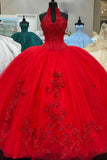 Sparkly Beads Appliques Tulle Corset Red Strapless Quinceanera Dress