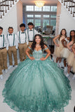 Sparkly Green Appliques Tulle Corset Beads Off the Shoulder Quinceanera Dress