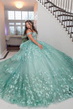 Sparkly Green Appliques Tulle Corset Beads Off the Shoulder Quinceanera Dress
