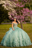 Sparkly Green Appliques Tulle Corset Beads Off the Shoulder Quinceanera Dress