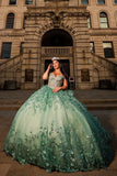 Sparkly Green Appliques Tulle Corset Beads Off the Shoulder Quinceanera Dress