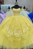 Yellow Appliques Tulle Beaded Spaghetti Straps Quinceanera Dress