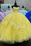 Yellow Appliques Tulle Beaded Spaghetti Straps Quinceanera Dress