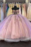 Sparkly Lilac Appliques Beads Tulle Off the Shoulder Quinceanera Dress