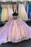 Sparkly Lilac Appliques Beads Tulle Off the Shoulder Quinceanera Dress