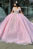 Off the Shoulder Sparkly Pink Tulle Appliques Sequins Quinceanera Dress