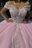 Off the Shoulder Sparkly Pink Tulle Appliques Sequins Quinceanera Dress