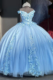 Blue Floral Tulle Appliques Beads Corset Off the Shoulder Quinceanera Dress