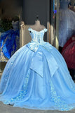 Blue Floral Tulle Appliques Beads Corset Off the Shoulder Quinceanera Dress