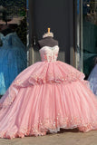 Pink Sparkly Tulle Corset Appliques Sequins Strapless Quinceanera Dress