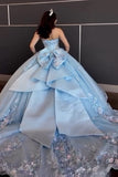 Sky Blue Sparkly Appliques Bow Corset Off The Shoulder Quinceanera Dress