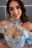 Sky Blue Sparkly Appliques Bow Corset Off The Shoulder Quinceanera Dress