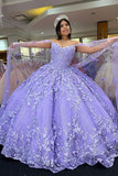 Sparkly Purple Butterfly Appliques Off The Shoulder Quinceanera Dress