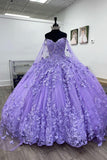 Sparkly Purple Butterfly Appliques Off The Shoulder Quinceanera Dress