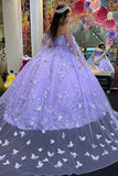 Sparkly Purple Butterfly Appliques Off The Shoulder Quinceanera Dress