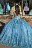 Sparkly Appliques Corset Blue Off The Shoulder Quinceanera Dress