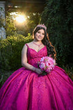Fuchsia Embroidery Ball Gown Spaghetti Straps Quinceanera Dress
